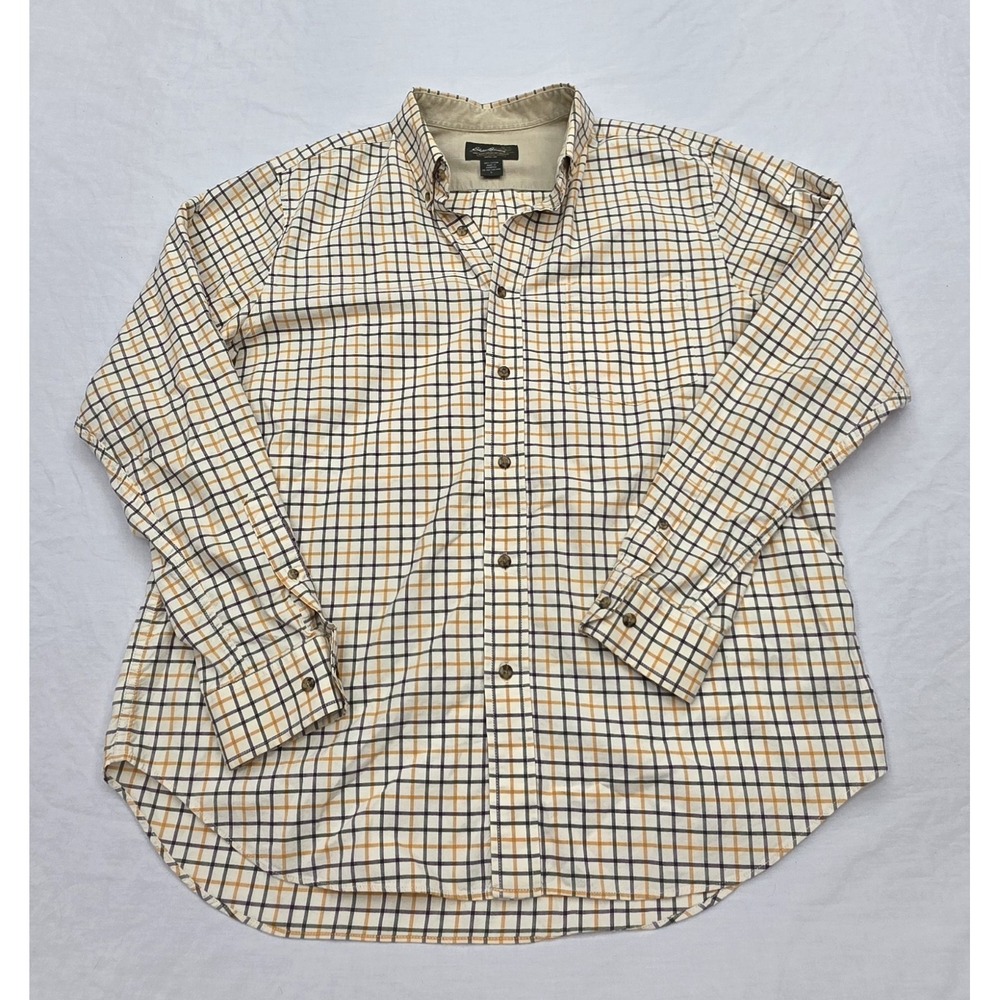 Eddie Bauer Yellow Plaid Corduroy‎ Collar Longsleeve Mens Button Down Shirt Size